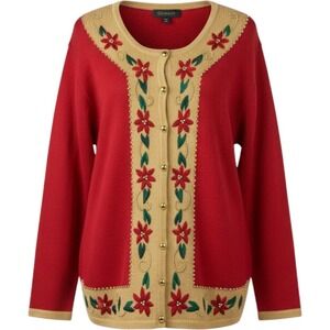 Dressbarn Women's Red Poinsettia Floral Embroidered Cardigan Sweater 1X